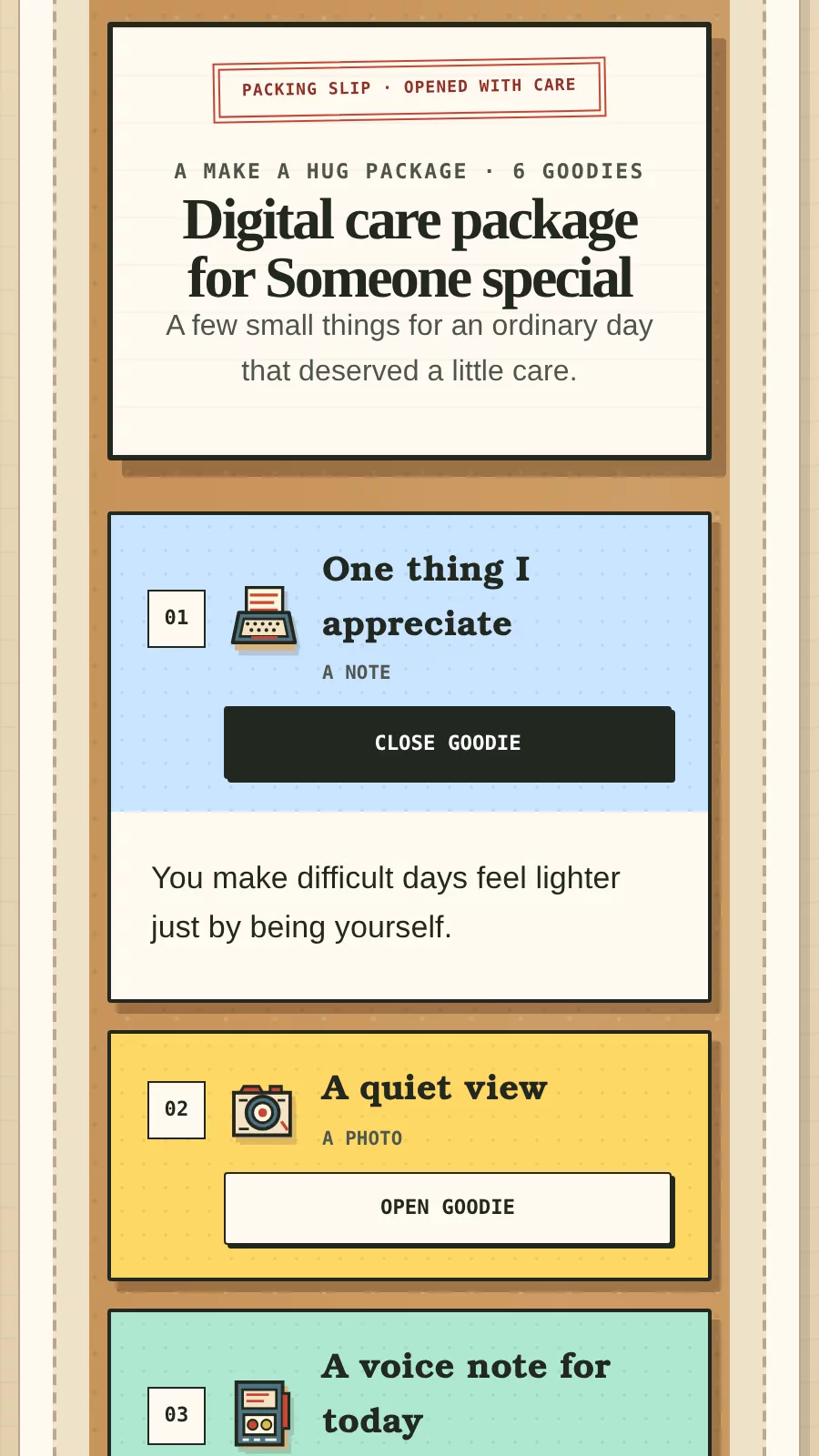 A phone-sized view of the current opened Make a Hug Demo with the first goodie expanded.