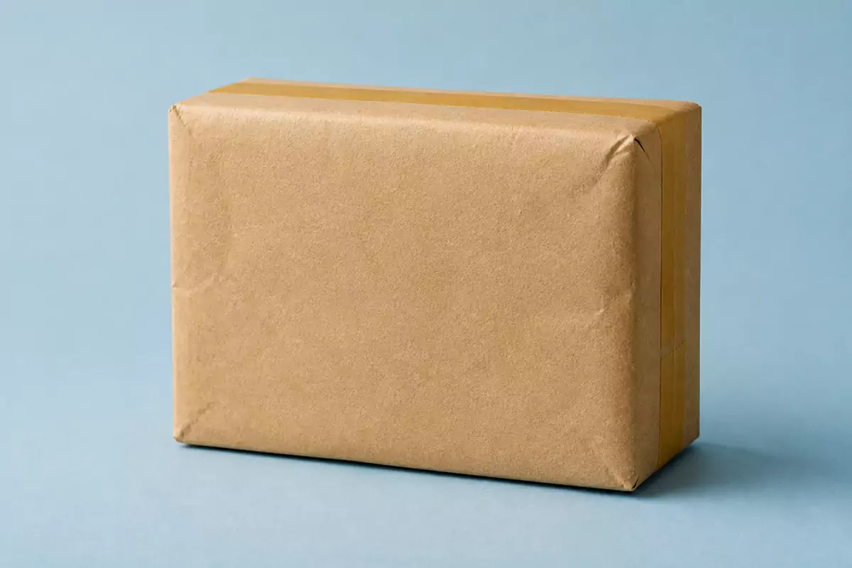 A sealed kraft-paper care package with faded yellow tape.