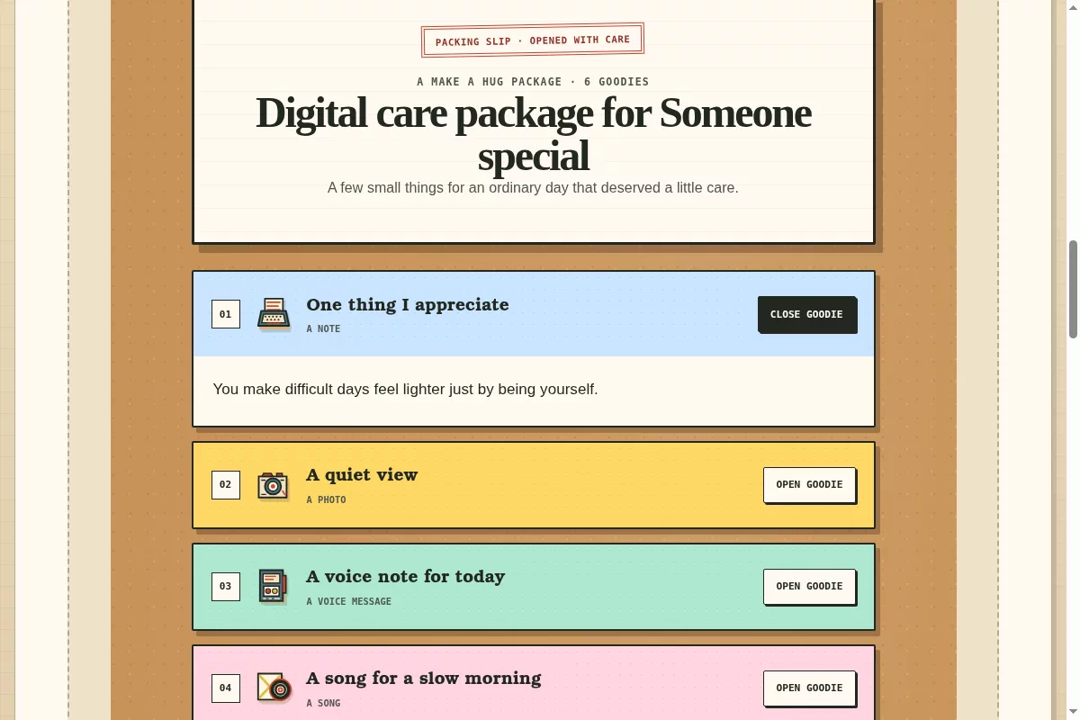 The current Make a Hug Demo unwrapped with ordered goodies in the recipient view.